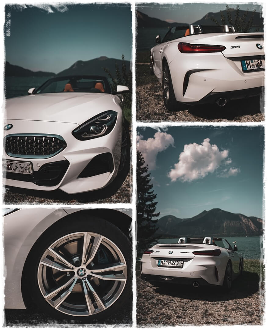 BMW Z4 sDrive 20i M Sport Front-, Seiten- und Heckansicht am Walchensee