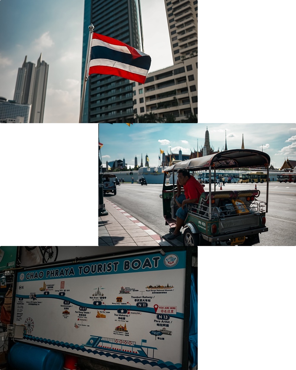 Thailand Flagge, Tuk Tuk in Bangkok & Chao Phraya Tourist Boat Karte
