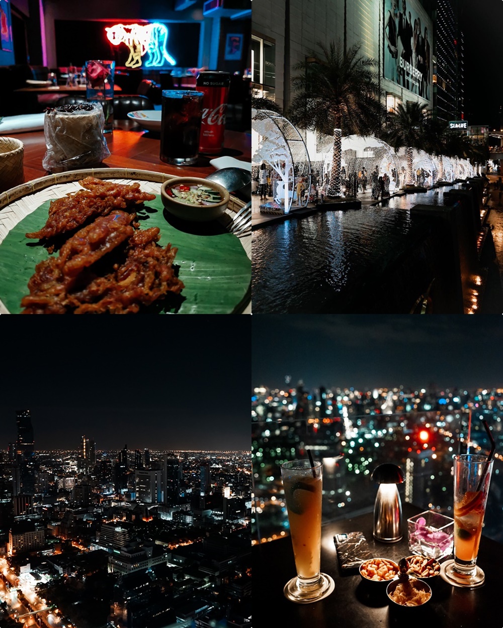 Ross Kitchen & Siam Paragon (oben links - rechts), Moon Bar im Banyan Tree Hotel und Aussicht (unten)