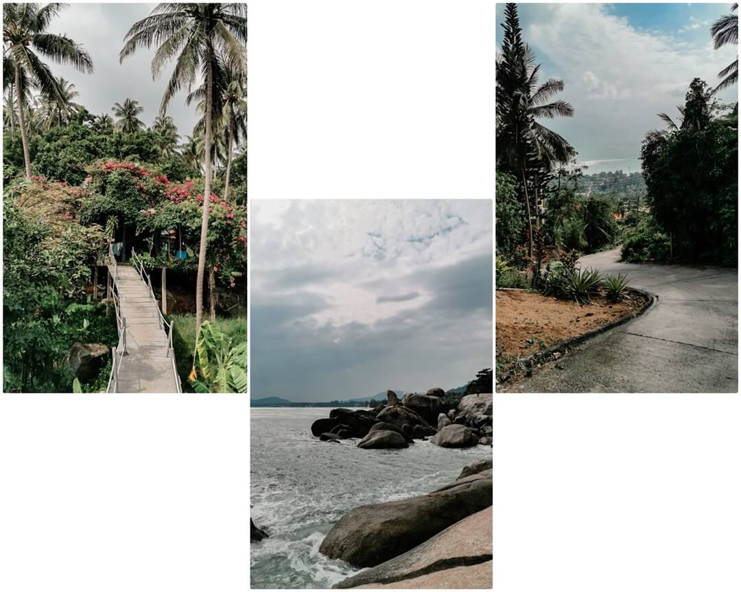 Overlap Stone Anfahrt (links & rechts), Grandfathers & Grandmothers Rock (mitte) Koh Samui