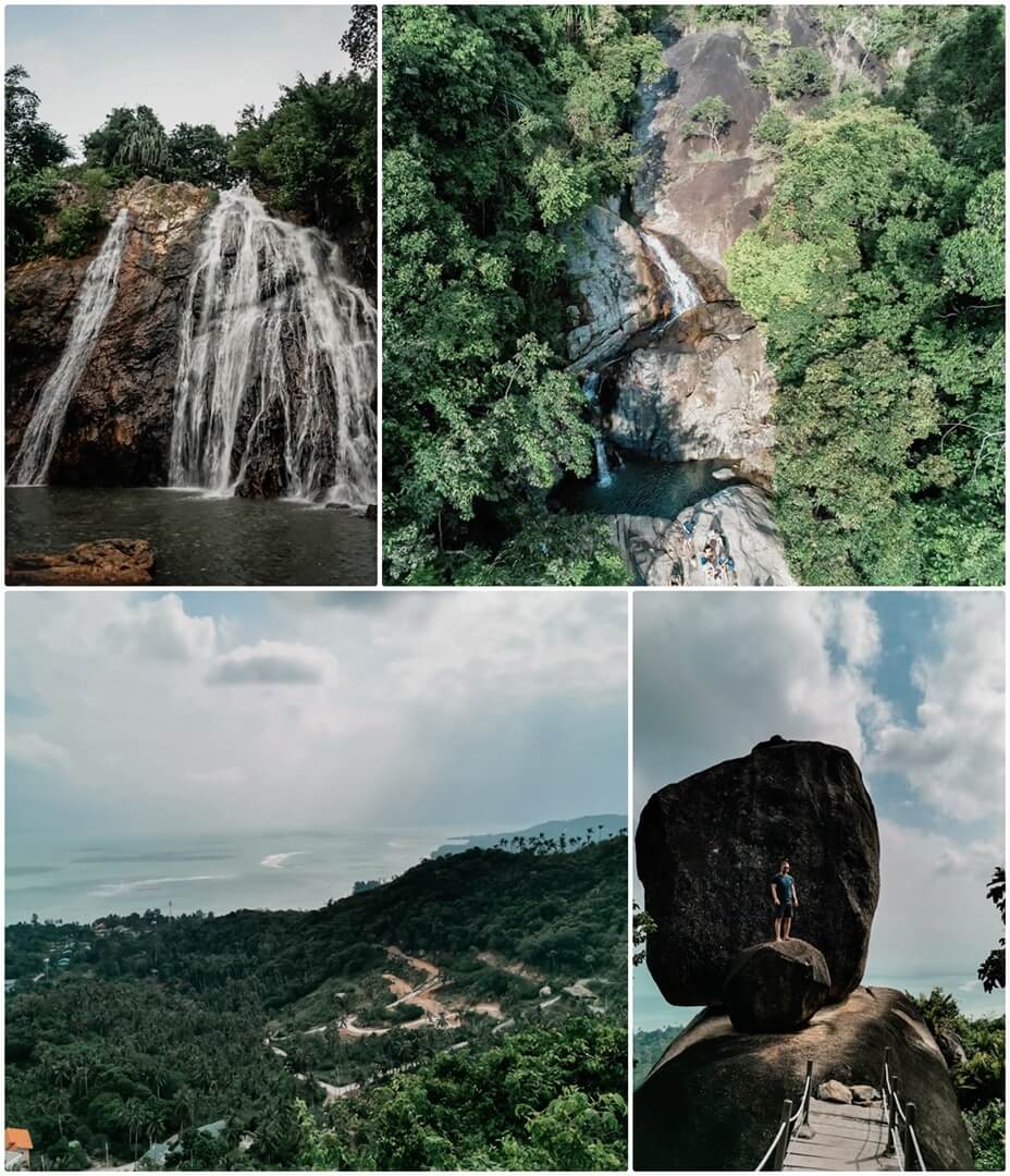 Wasserfall 1 & 2 (oben), Overlap Stone & Aussicht (unten) auf Koh Samui