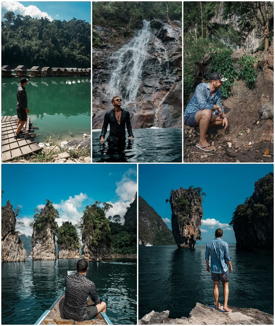 Khao Sok Nationalpark (links), Sai Rung Wasserfall (oben mitte), Monkey Cave (oben rechts), James Bond Island (unten rechts)