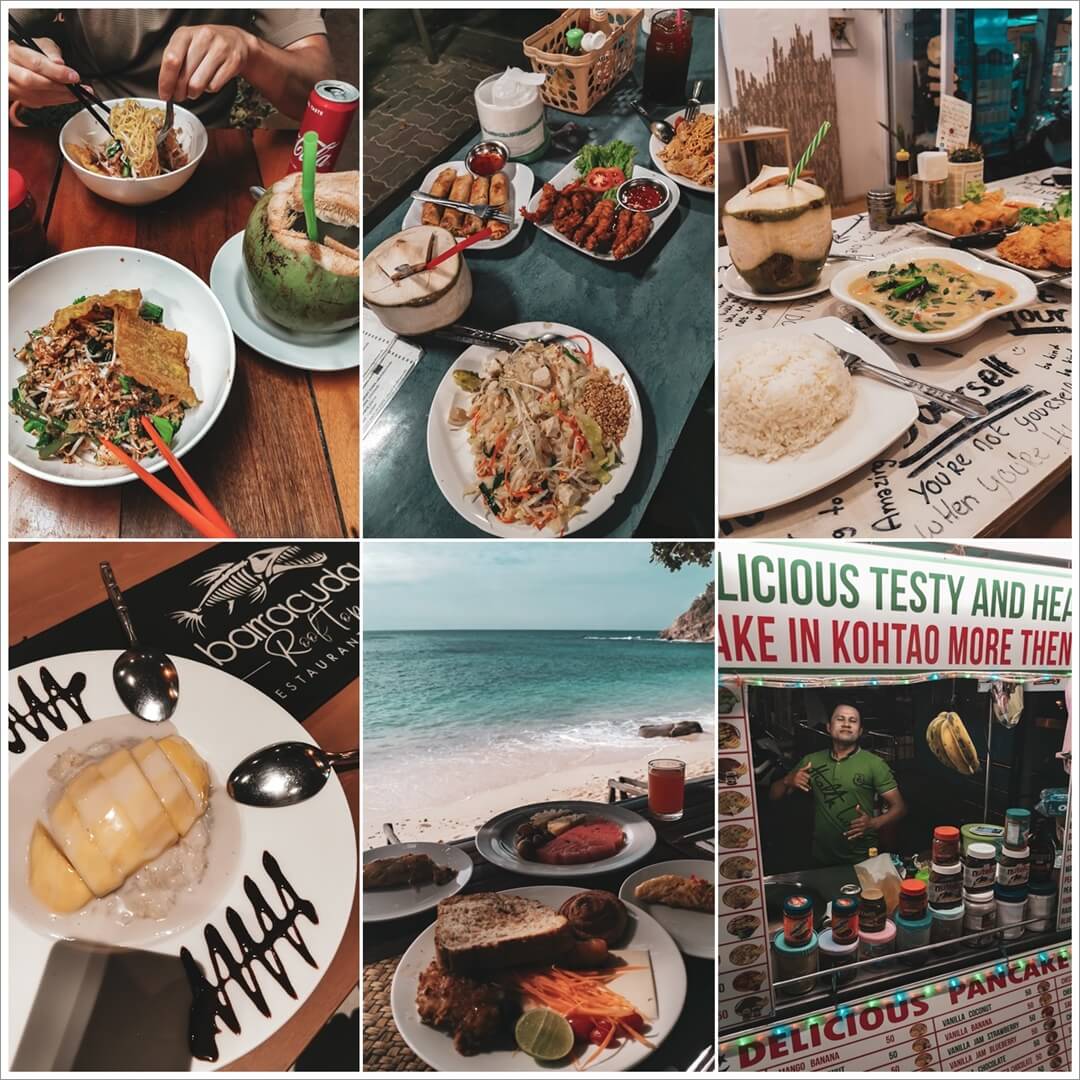 Restaurant Empfehlungen Koh Tao, oben: Noodle Bar, Coffee Boat, Na; unten: Barracuda, Sai Daeng, Pancake