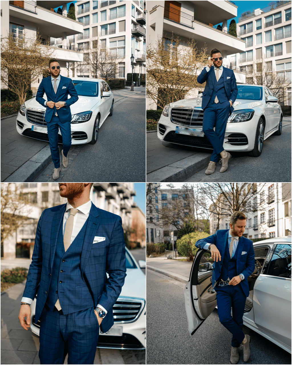 blau, karierter Dreiteiler Anzug von BOSS passend zum diamantweißen S 400d von Mercedes-Benz