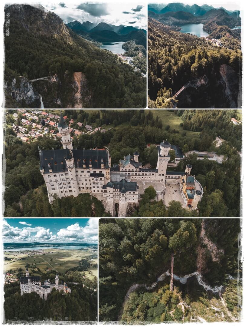 Drohnenaufnahme vom Schloss Neuschwanstein und von der Marienbrücke mit Blick zum Alpsee